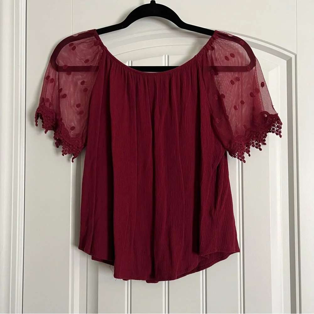 Papaya Burgundy Boho Blouse Sheer Lace Puff Sleeve Top Rayon Size Large - Picture 2 of 3